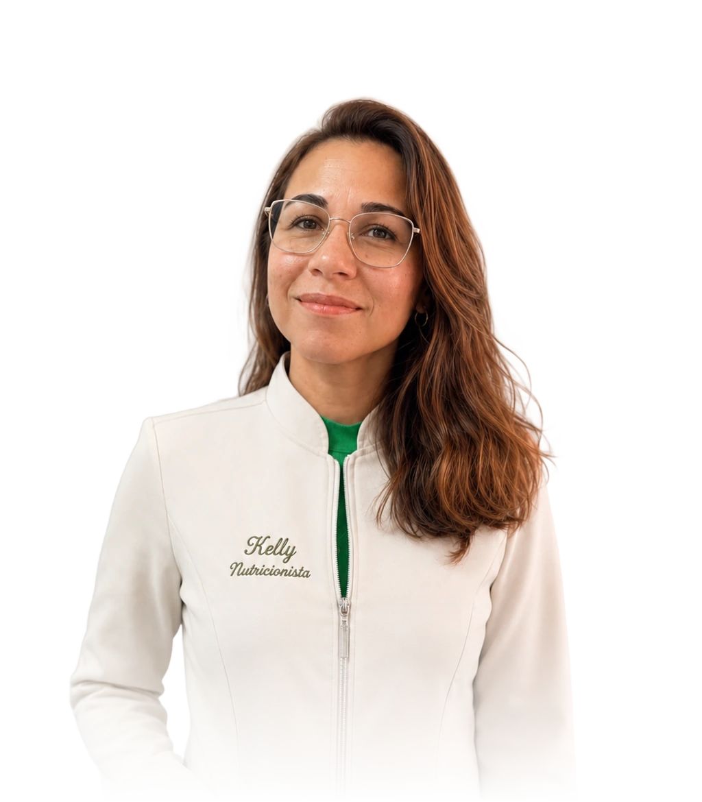 Retrato da nutricionista Kelly, de jaleco, olhando para a câmera